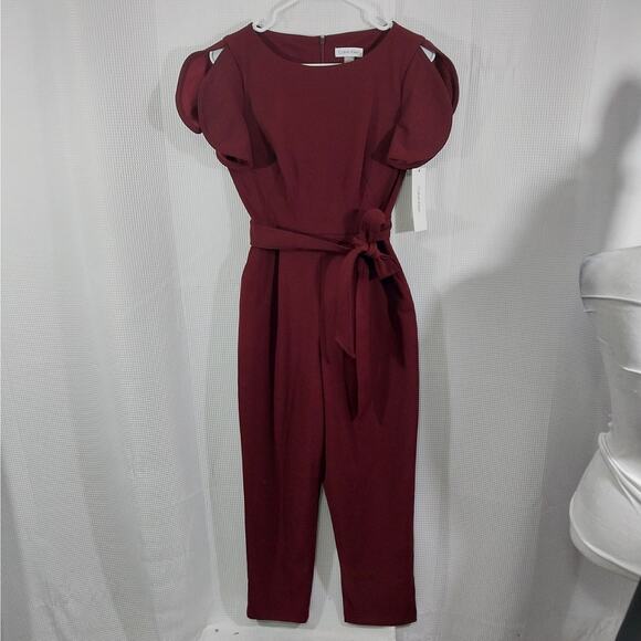 NWT@$139! CALVIN KLEIN! BURGUNDY 1 PC BELTED, PUFF SLEEVE JUMPSUIT, ONESIE! SZ 4 - Picture 2 of 12